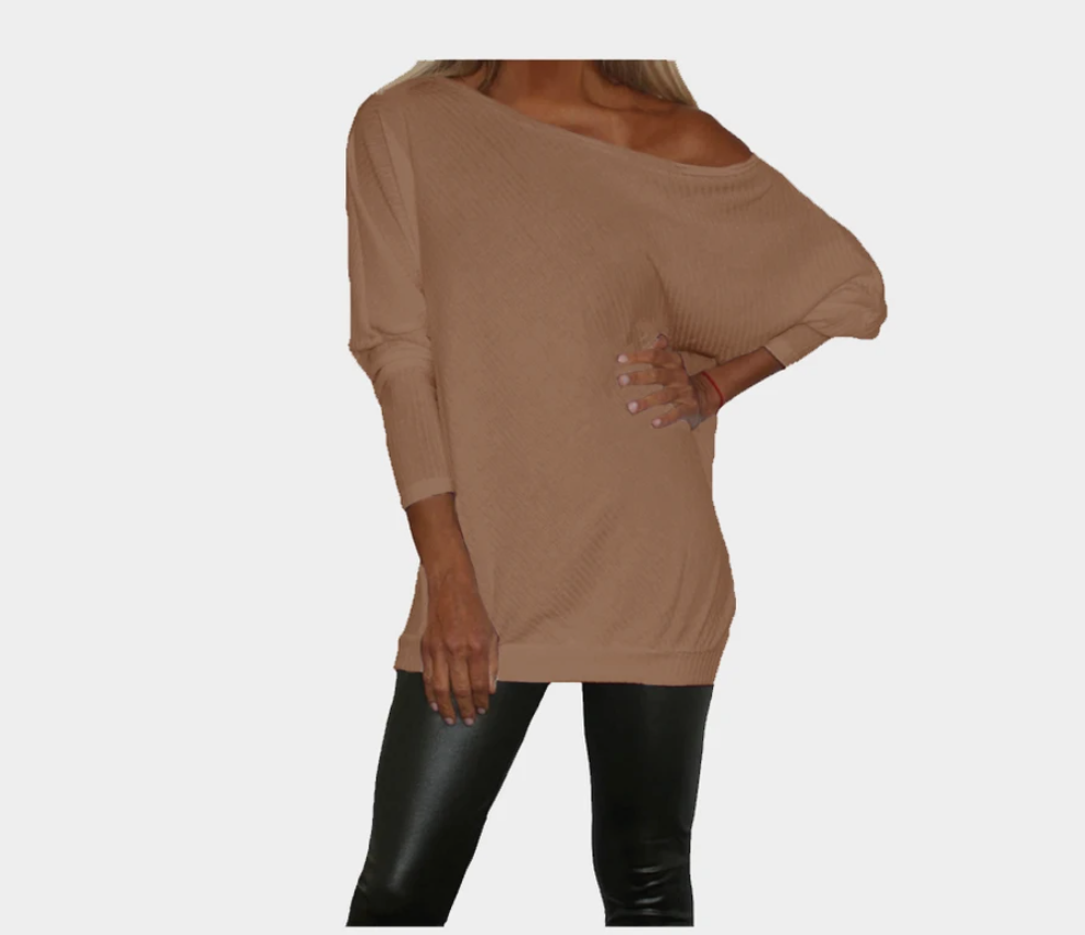 Taupe Off the Shoulder Light Sweater Top